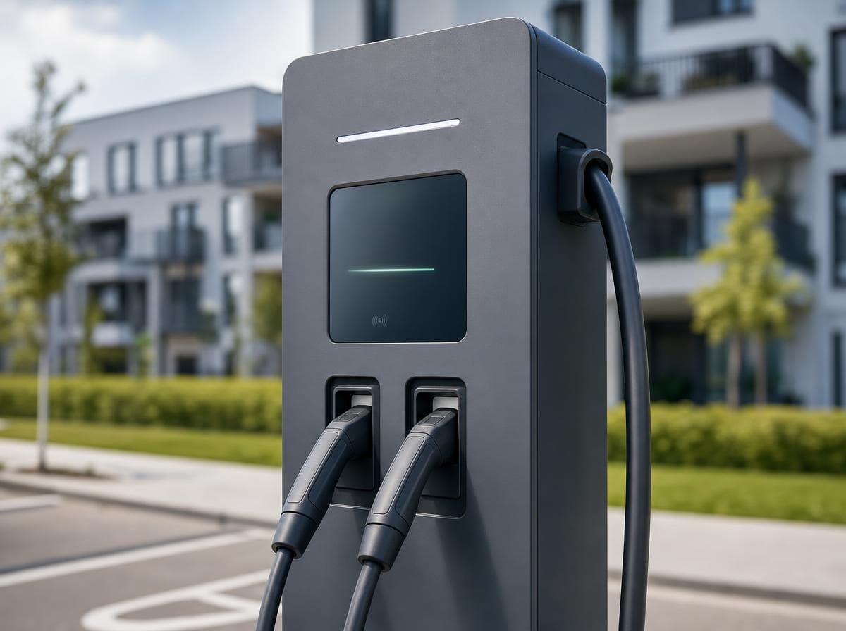 Nahaufnahme einer modernen Ladesäule auf einem Wohnparkplatz
